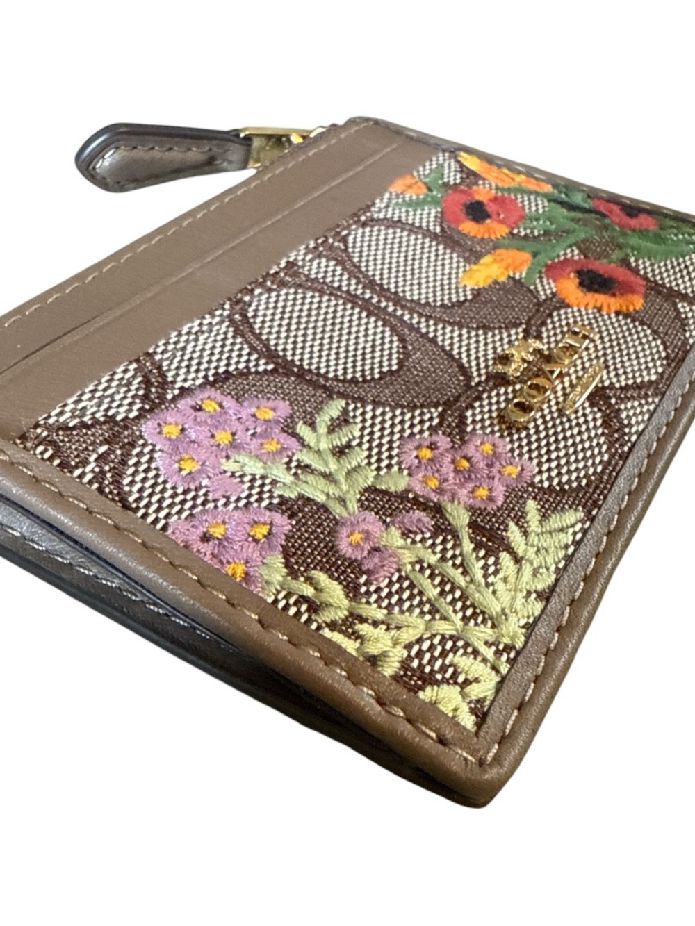 Coach Mini Skinny ID Case Signature Jacquard Leather Card Holder Zip Wallet - Picture 3 of 6